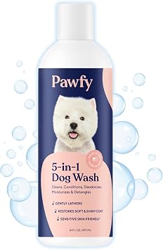 Pawfy 5 in 1 Dog Shampoo and Conditioner for Itchy Skin Oatmeal & Aloe | Gentle Dog Wash for Smelly Dogs & Sensitive Coats. Deodorizing Coconut Formula - Safe for Puppies of Every Breed & Size.