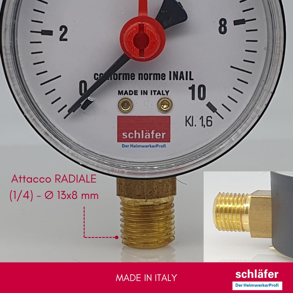 Schläfer 0930166 | Manomètre hydraulique vertical avec raccord radial 1/4", échelle 0-10 bar, diamètre 63 mm, idéal pour les systèmes thermiques d'air et d'eau, indicateur de pression