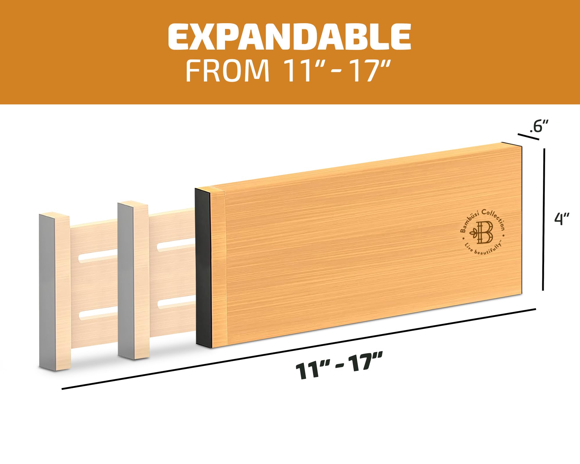 Confezione da 6 divisori per cassetti in bambù, altezza 10 cm, regolabili da 29 a 43 cm, espandibili per cassetti della cucina, separatore a molla per utensili, vestiti, camera da letto, bagno, asilo