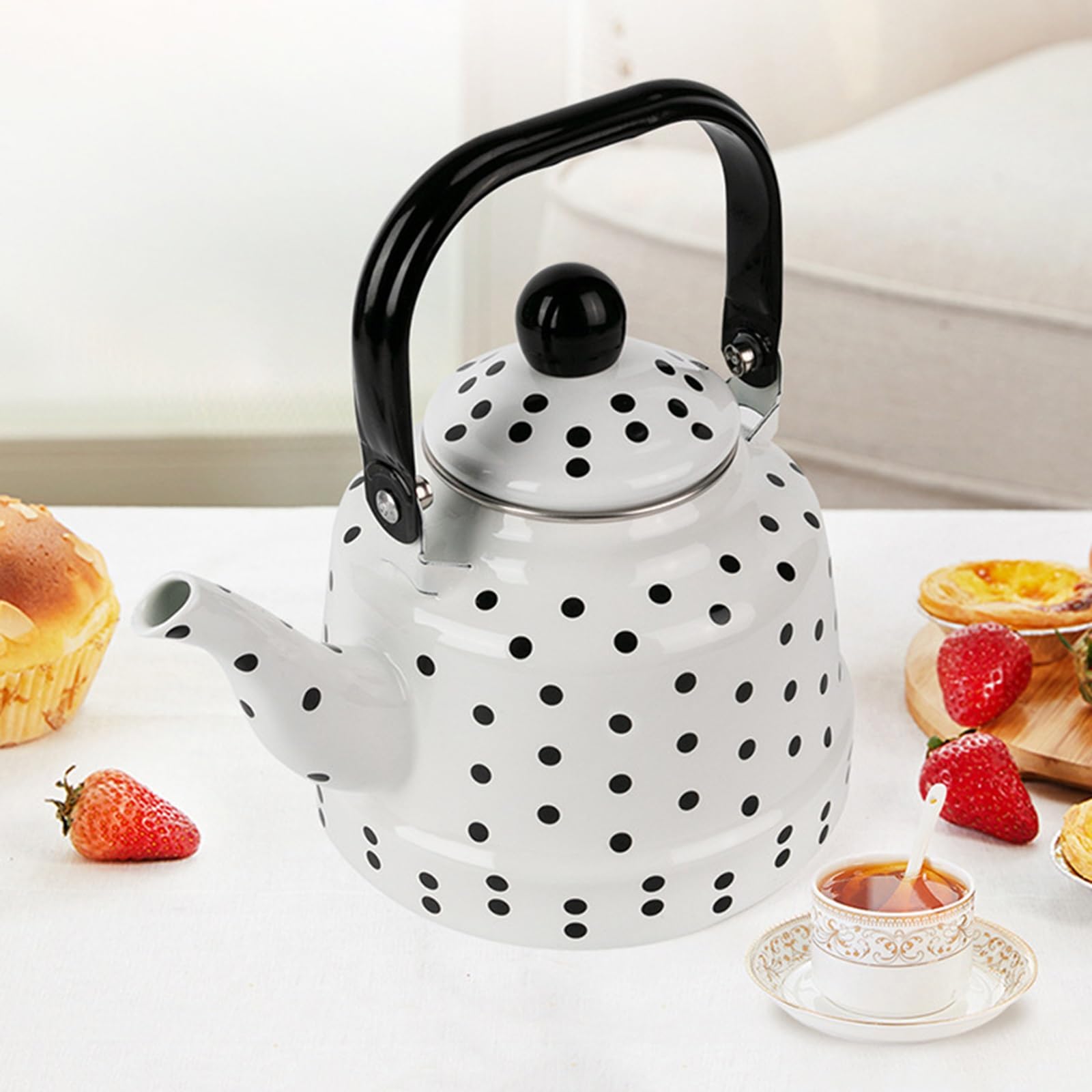 Bouilloire en émail blanc avec motif à pois noirs pour dessus de cuisinière, théière rétro pour eau chaude, chaleur rapide, remplissage facile, sans sifflement (1,7 l)