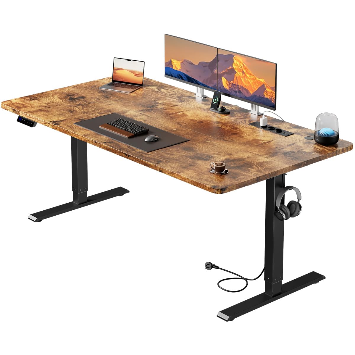 HLFURNIEU Escritorio Elevable Electrico 160 x 80 cm, Mesa Escritorio Elevable con Enchufes y Puertos USB, Mesa Regulable en Altura con 3 Control de Memoria, Standing Desk Marrón Vintage