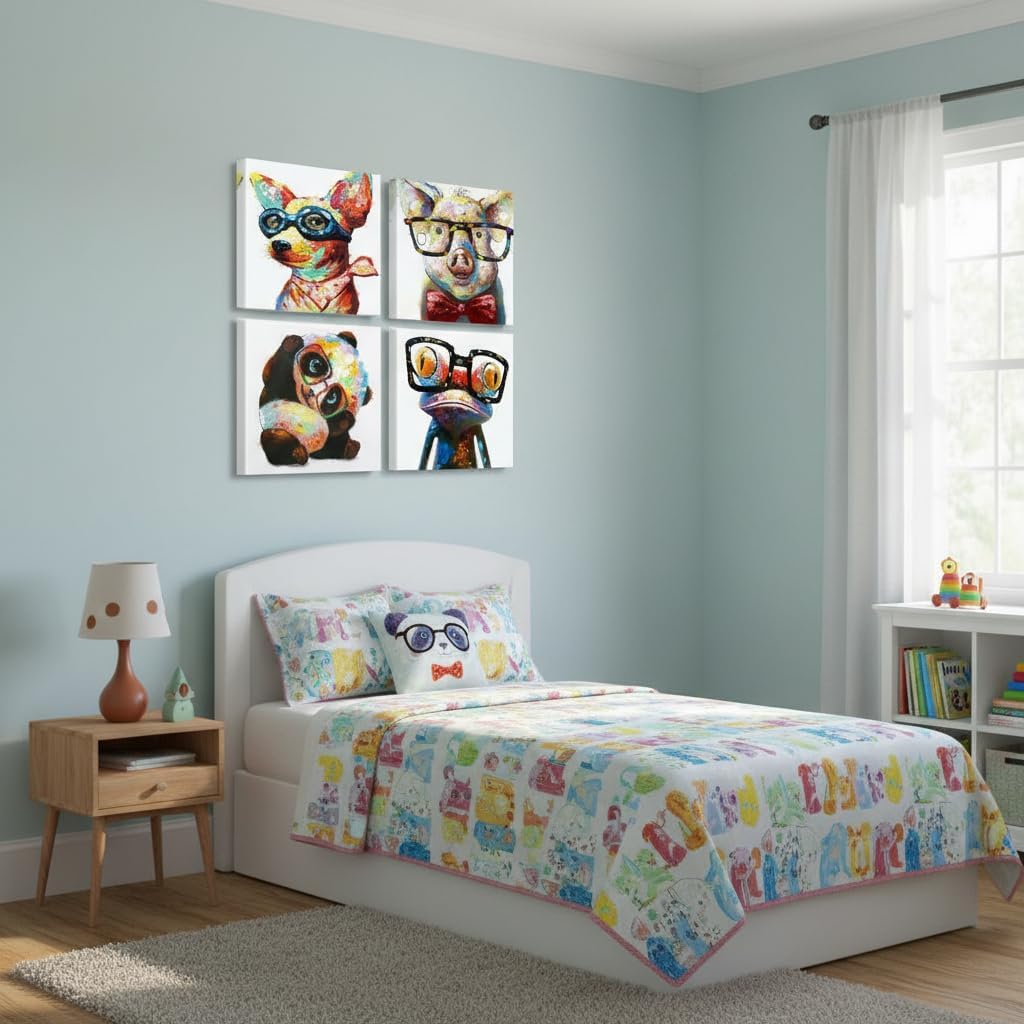 Colorful Cartoon Animal Wall Art Canvas Print Funny Cute Panda Frog Pig Pictures for Kids Bedroom Nursery Decor Artwork Framed 12''X12''X4