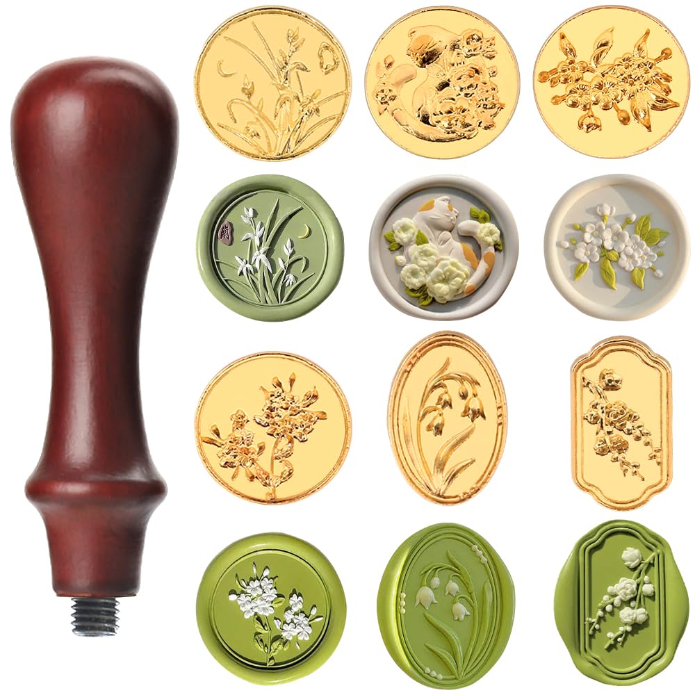 6pcs Flower Wax Seal Stamp Set with Removable Wooden Handle - Floral Wax Stamp Kit for Wedding, Birthday Party, Envelopes, Invitations, Gift Packing &