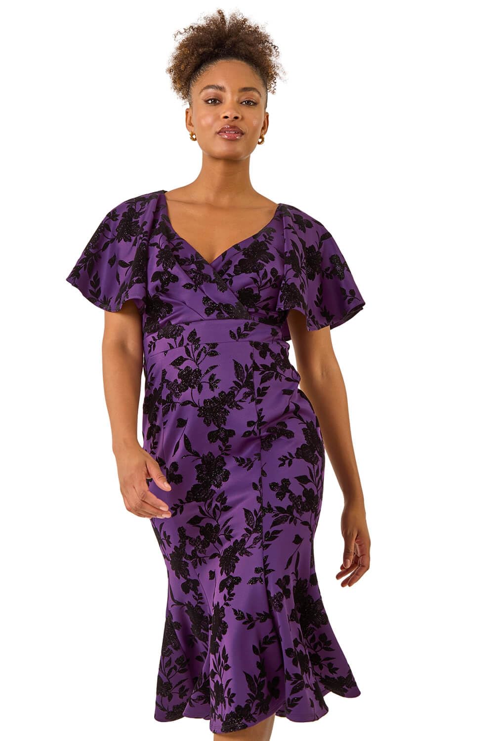 Roman Originals Women's Purple Glitter Floral Flocked Flutter Dress For Uk - Everyday Autumn Winter V-Neckline Comfy Soft Evening Vacation Work Party Night Out - Size 20