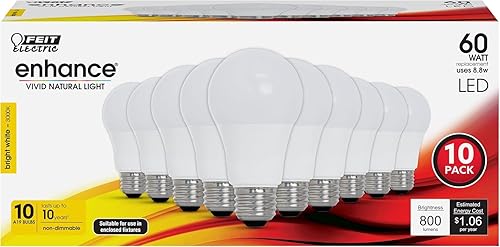 Feit Electric Bombilla LED A19, equivalente a 60 W, no regulable, 800 lúmenes, base media E26, blanco brillante de 3000 K, CRI 90, vida útil de 10