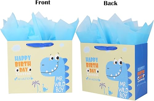 Miniatura 4 de Bolsa de regalo grande para niños con papel de seda para niños, fiesta de cumpleaños, baby shower, 12.6 pulgadas, dinosaurio
