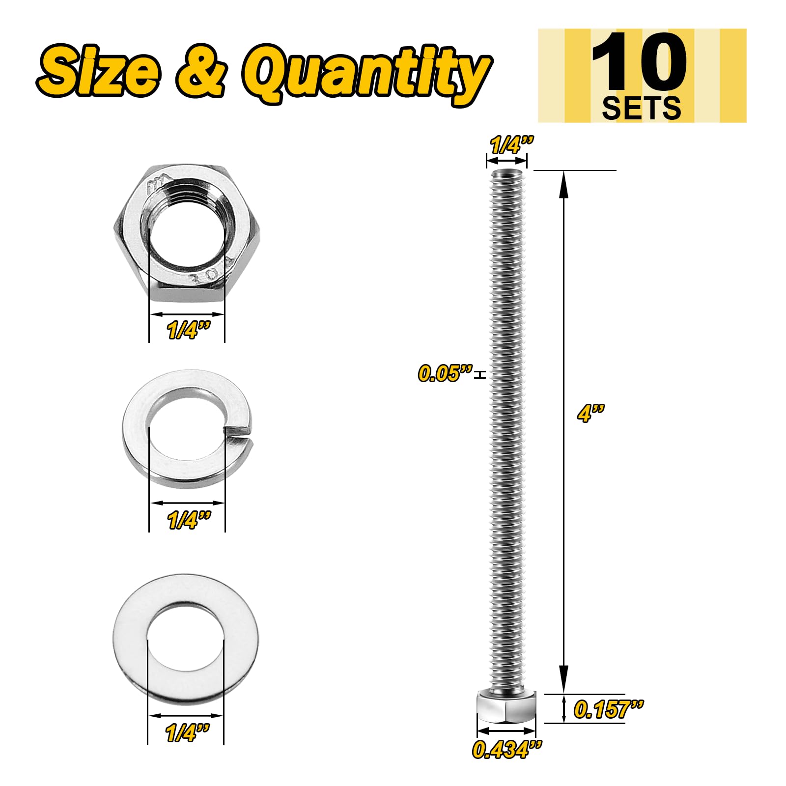 Stainless Steel Hex Bolts & Nuts Kit - 10 Sets -2 Stainless Steel Hex Bolts & Nuts Kit - 10 Sets -2