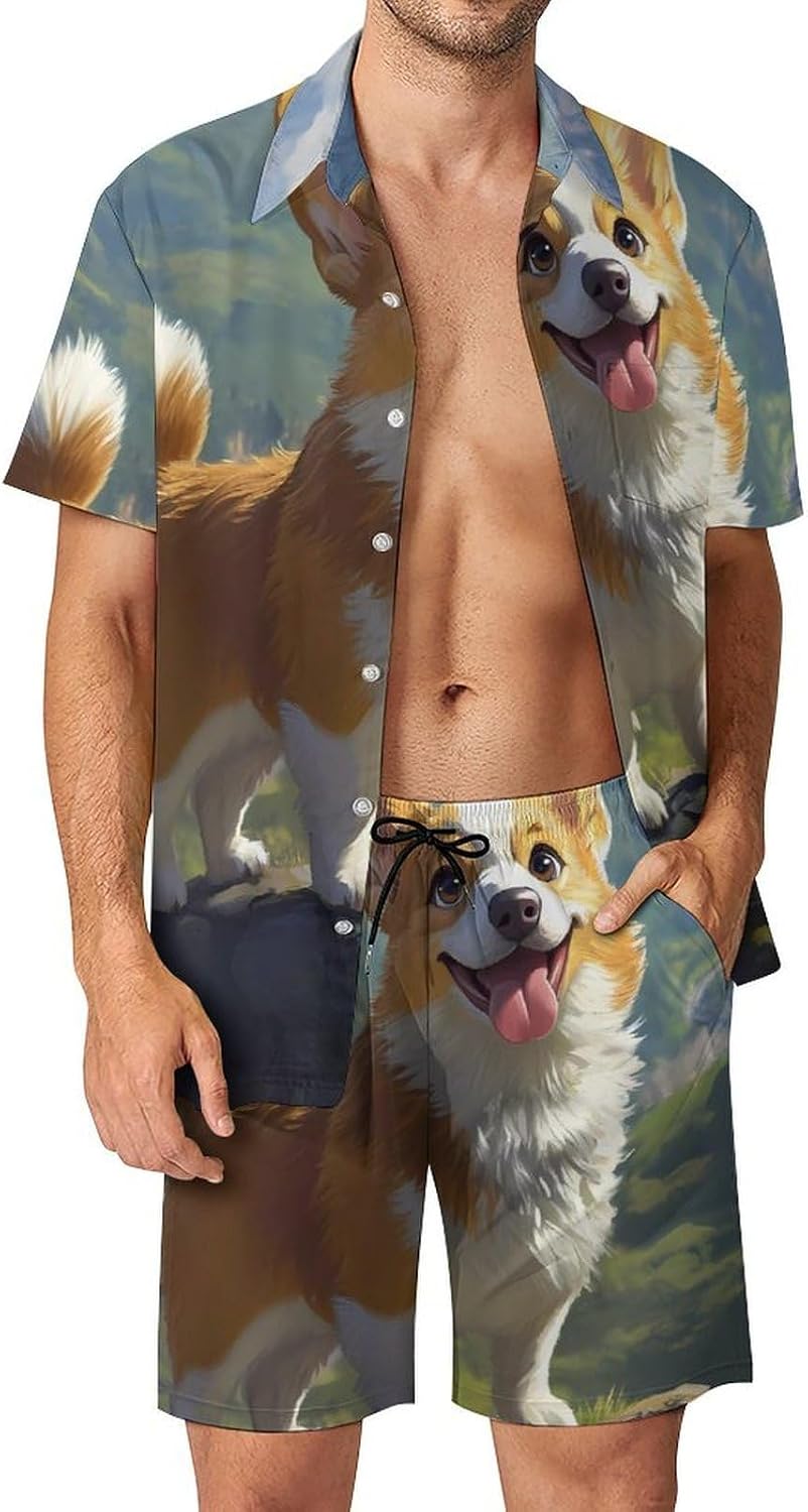 Corgi Dog Standing on Mountains Men's Summer Beach 2 Piece Outfits | hawaiian button down shirt and shorts,vacation cruise,mens bathing suit