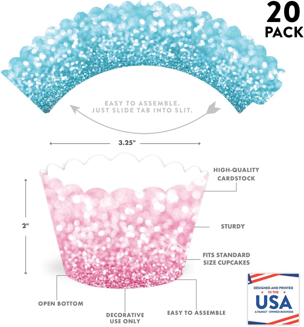 Andaz Press Party Cupcake Wrapper Decorations, Faux Pink And Baby Blue Glitter, 24-Pack, Gender Reveal Boy Or Girl Baby Shower Theme Bulk Cake Supplies Gender Reveal Cupcake Wrappers Baby Shower