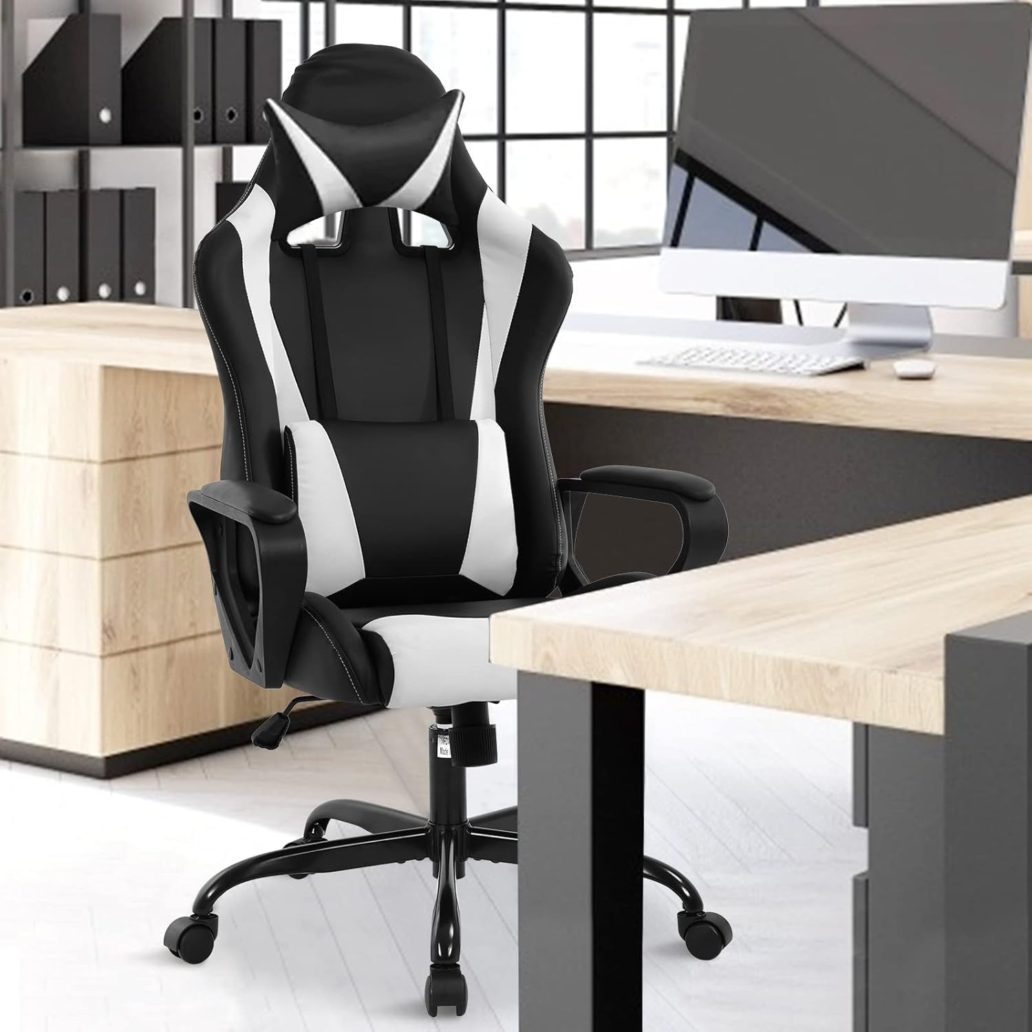 Gaming Computer Office High Back Desk Executive PU Leather Rolling Task Ergonomic Adjustable Swivel Chair With Lumbar Support and Headrest, White