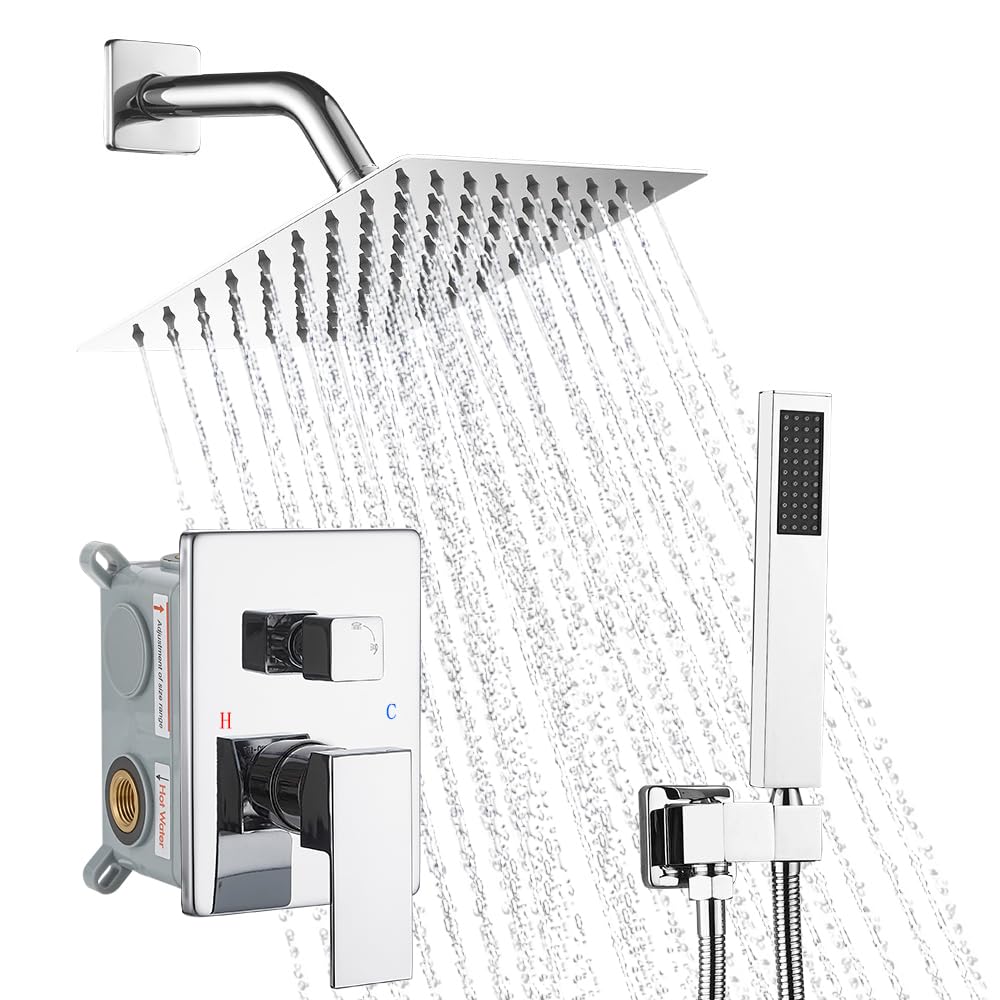 Chrome Shower System, 8 Inch High Pressure Rain Shower with Handheld, Wall Mount Shower Faucet Set for Bathroom, Rough-in Valve Body and Trim Included