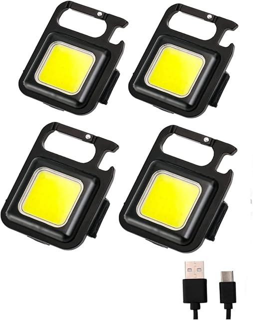 DOINBE 4 Pieces Small Portable Keyring LED Work Light, 500 Lumen COB Work Light, Rechargeable Keychain Mini Torch for Outdoor Camping Fishing etc