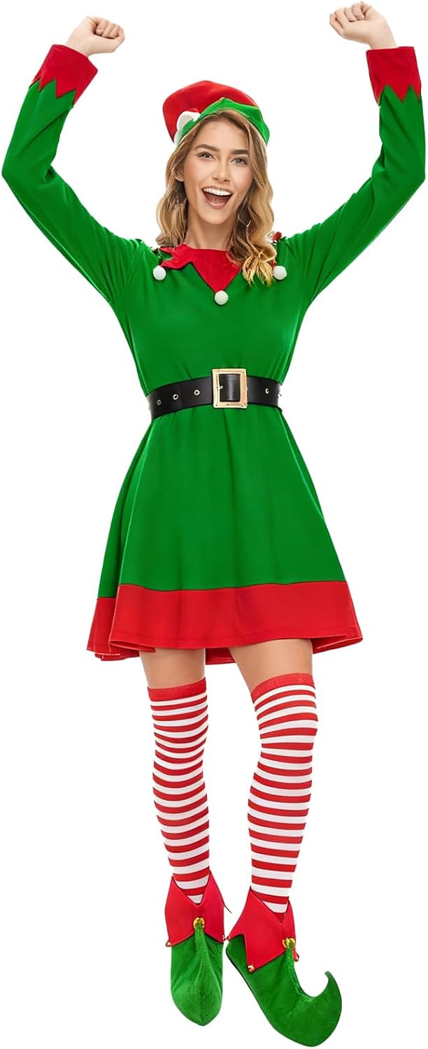 Elves Costume for Women,Womens Christmas Costumes with Dress Hat Ears Belt Shoes Cover and Socks