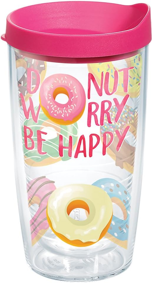 Tervis Donut Worry Tumbler with Wrap and Fuchsia Lid 16oz, Clear
