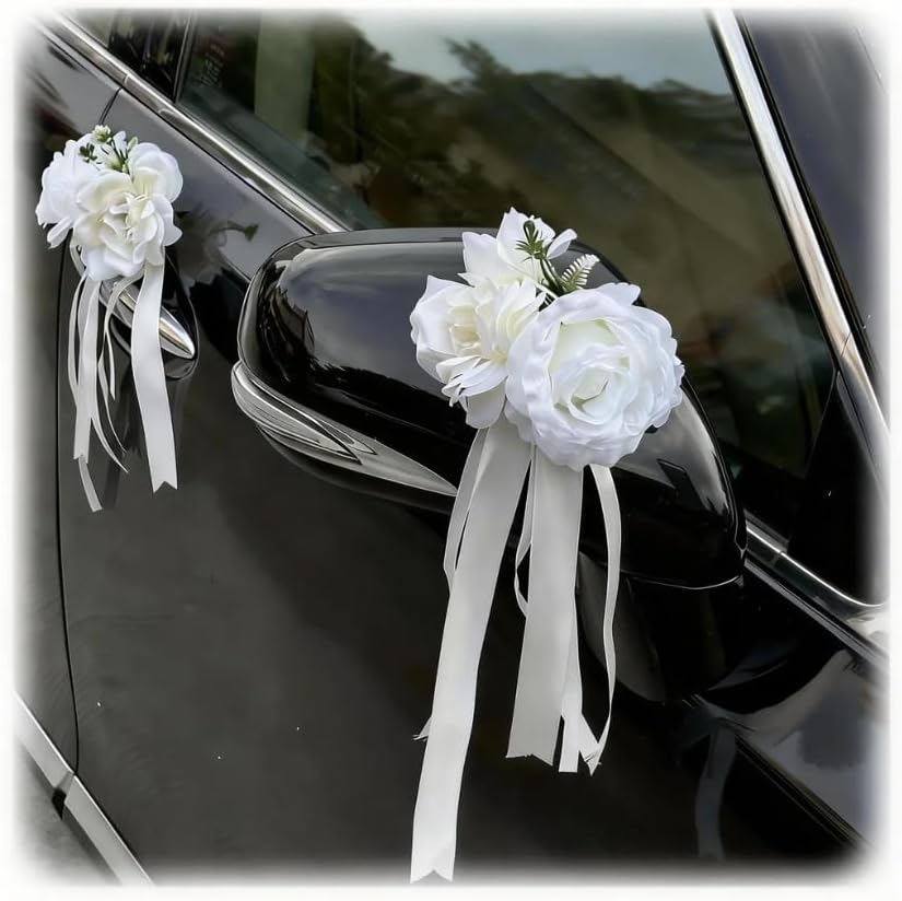 Handmade 4 White Dual-Head Wedding Car Decorations – Artifical Flowers,Floral Ornaments with Suction Cups & Ribbons for Rearview Mirrors and Door Handles