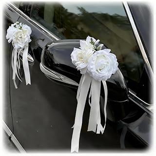 Handgefertigte Weiße Doppelblüten Hochzeitsauto-Dekoration – Blumenschmuck mit Saugnäpfen und Bändern für Rückspiegel & Türgriffe