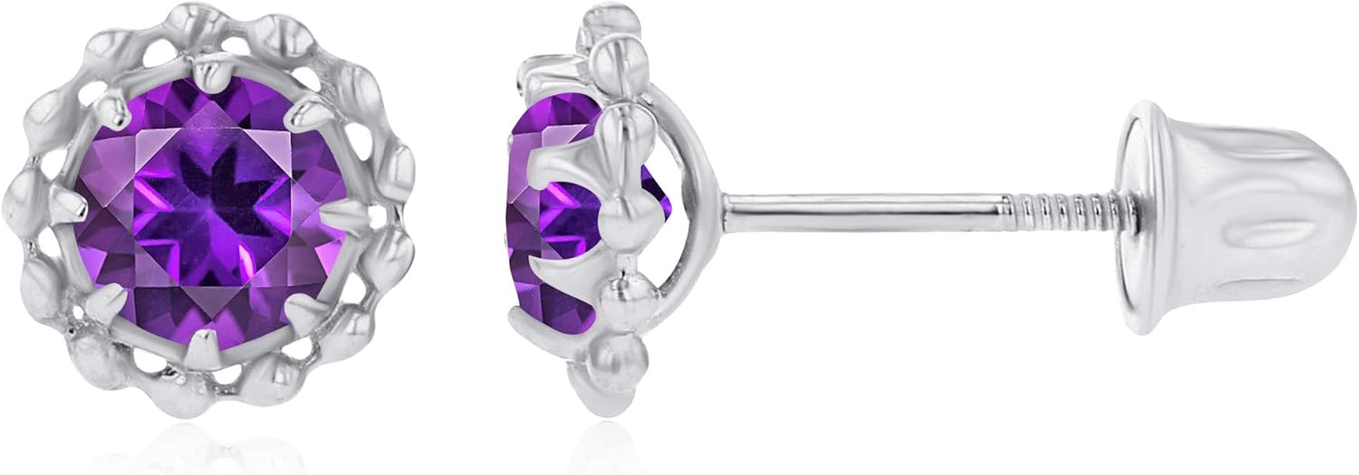 Sterling Silver Rhodium 4mm Round Amethyst Textured Halo Screwback Earrings