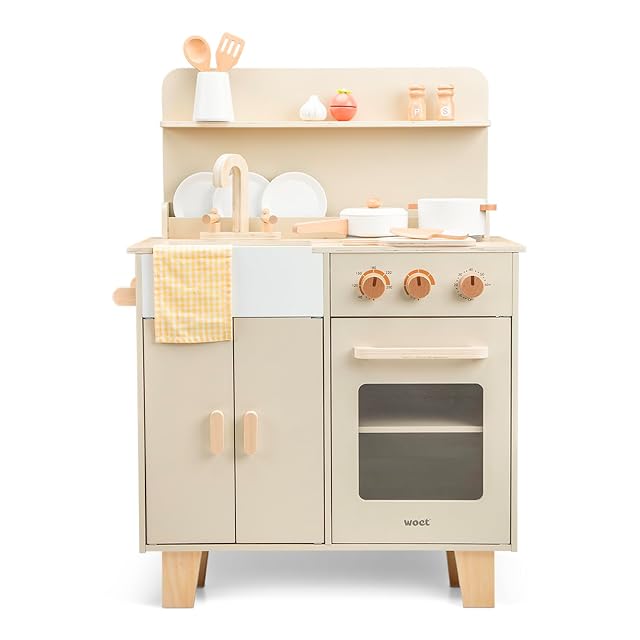 Woet Cocina de madera con horno y 16 accesorios, beige