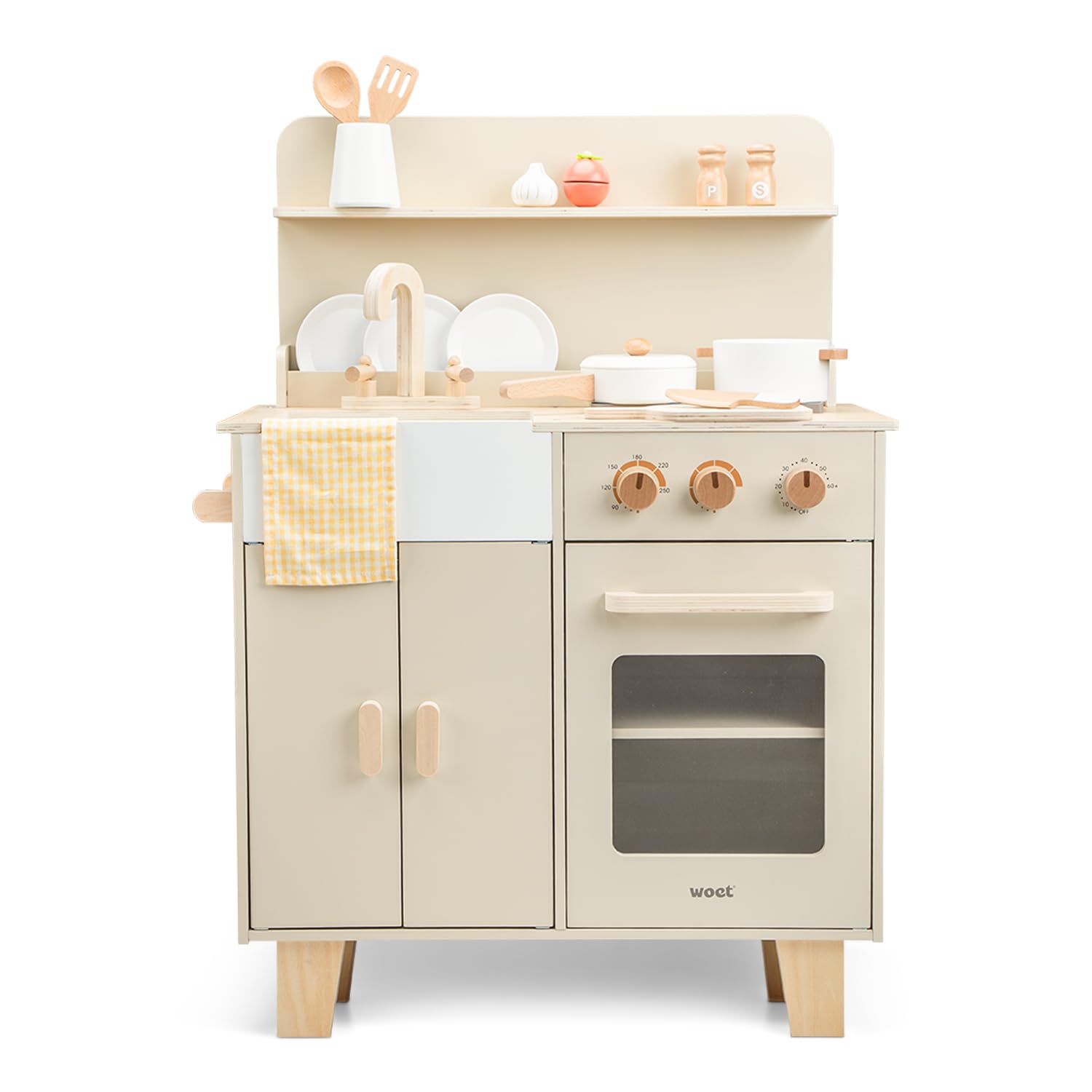 Woet® Cuisine Jouet Beige en Bois pour Enfants - avec Four, Évier et Accessoires - Set de Cuisine d’Imitation - À Partir de 3 Ans (Beige)