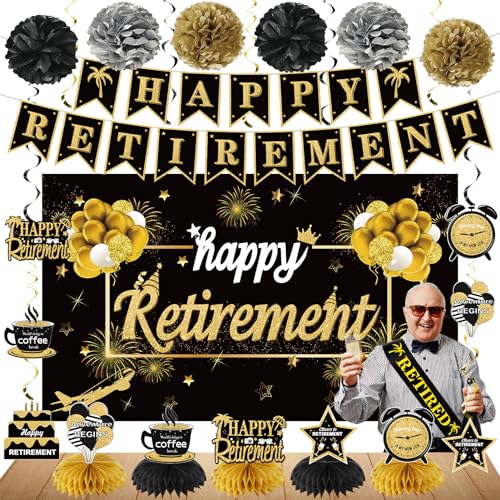20PCS Happy Retirement Party Decorations Kit for Men Women, Kuxriox Black Gold Retirement Backdrop Balloon Honeycomb Centerpiece Swirl Paper Pompom Party Supplies, Retired Sash Table Topper Swirls Set