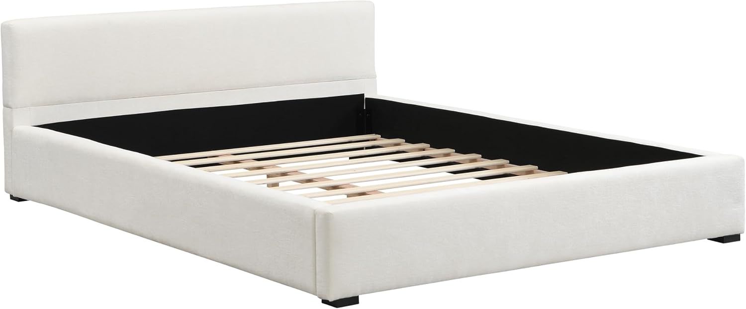 Queen Size Bed, Rectangular Queen Size Headboard, Boucle Headboard and Footboard, Slat Panel Support Platform Bed, No Spring Box Needed, Easy Assembly (Beige Style2)