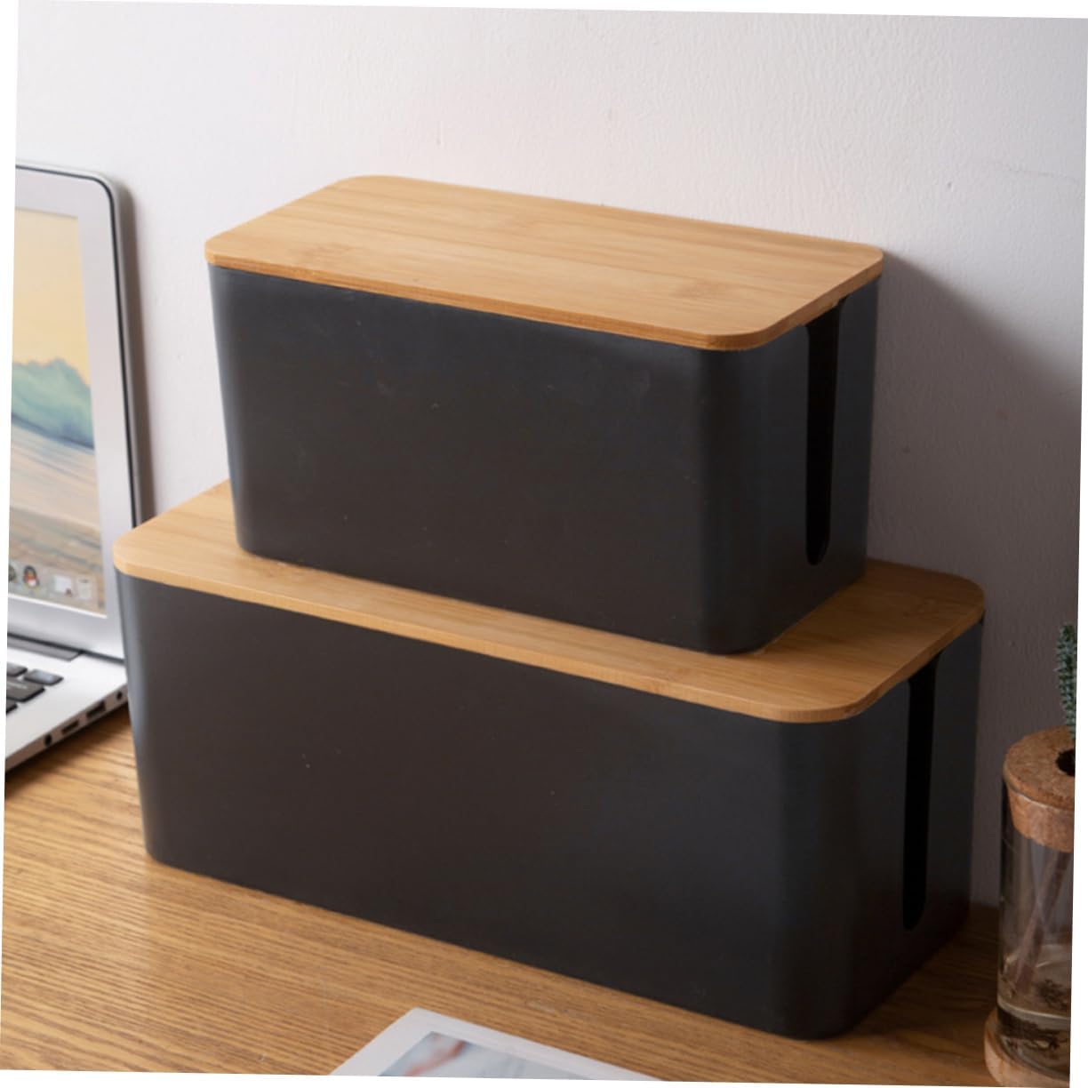 2pcs Socket Storage Box Anti-Electric Outlet Protector Cover Wood Grain Design for Home Office Cable Management Compatible Standard Power Strips