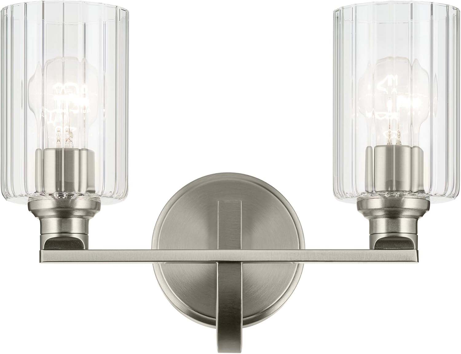 Kichler Gioe 14.25" 2-Light Bathroom Vanity Light Fixture with Clear Fluted Glass in Brushed Nickel, Damp Rated for Bathroom Over Mirror (14.25" W x 10.5" H), 55225NIFLU