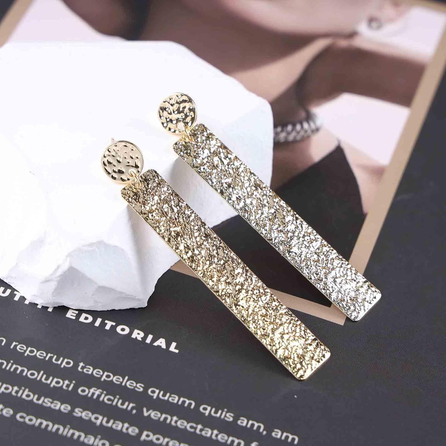 Andelaisi Boho Hammered Square Drop Earrings Gold Hammered Texture Square Dangle Earrings Long Square Studs Earrings Geometric Texture Coin Earrings Jewelry for Women - Image 4