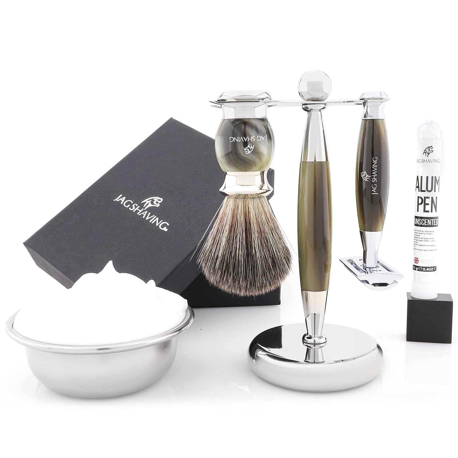 Jag Shaving zestaw do golenia - 4-częściowy zestaw do golenia - Jag's Lee Range - syntetyczne włosie - podwójne ostrza do golenia - stojak do golenia - kolor zielony