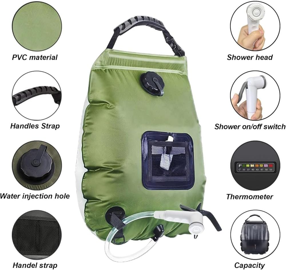 Portable 20L Solar Shower Bag for Outdoor Bathing, Lightweight Foldable Water Bag for Camping Travel