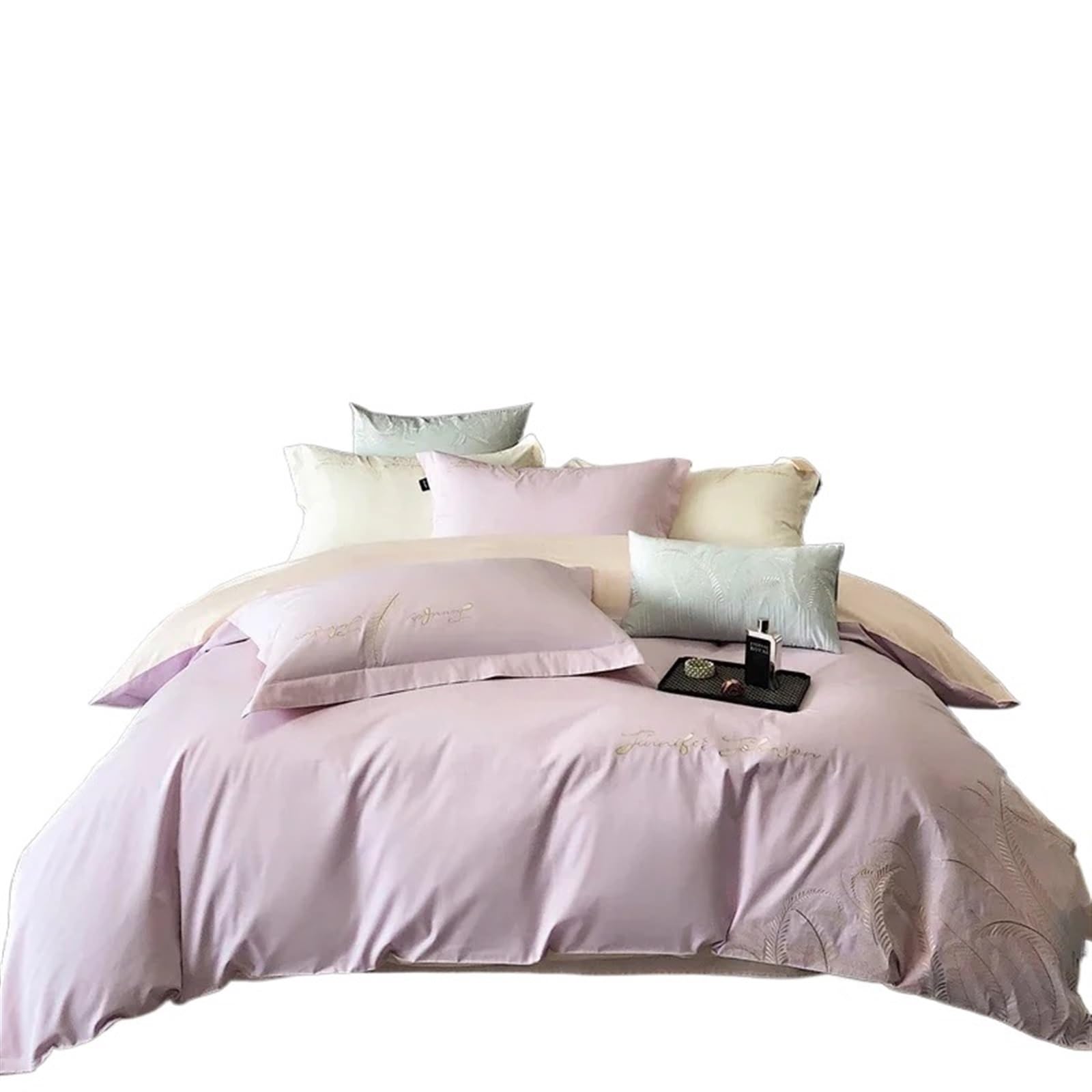 Ensemble literie 4 pièces violet brodé en coton et lin hypoallergénique