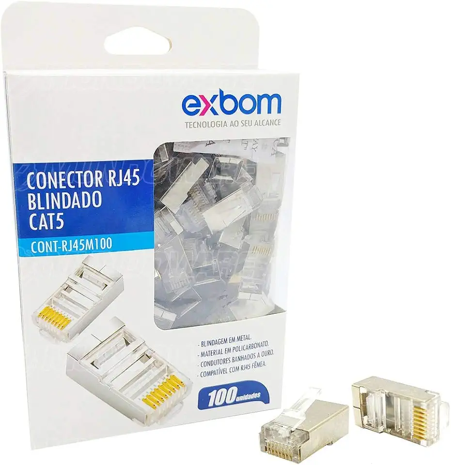 Conector de Rede RJ45 CAT5E 8P8C Blindagem Metal Suporta Gigabit Ethernet Exbom RJ45M100 Cx c/100 Un