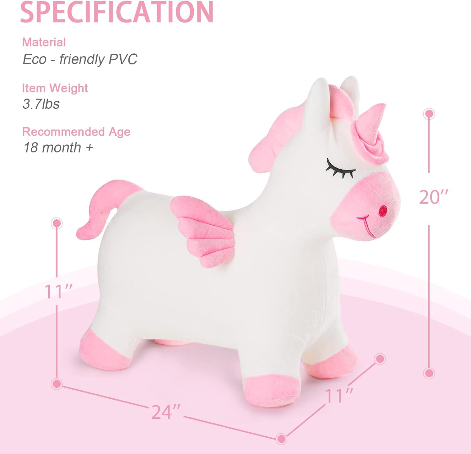 INPANY Unicorn Bouncy Horse Toys, Toddler Girl Bouncing Animal Hopper, Inflatable Plush Stuffed Animal, Baby Ride-on Rubber Bouncer, Indoor Outdoor Cute Birthday Gifts for 2 3 4 Year Old Girl Boy Kid