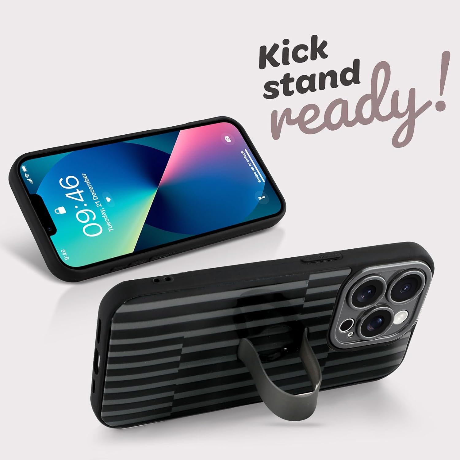 Compatible with iPhone 13 Pro Case with Finger Hand Strap Kickstand, Trendy Cool Striped Phone Case for Women Men, Full Camera Protection Shockproof Protective Cover, Black Stripes - Image 4