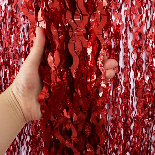 Image of TONIFUL 2Pcs Wavy Red Metallic Tinsel Foil Fringe Curtain Laser Streamers | 3.3ftx6.6ft Photo Booth Backdrop Tinsel Streamer Curtain, Props for Bachelorette Birthday New Year Graduation Christmas Decor