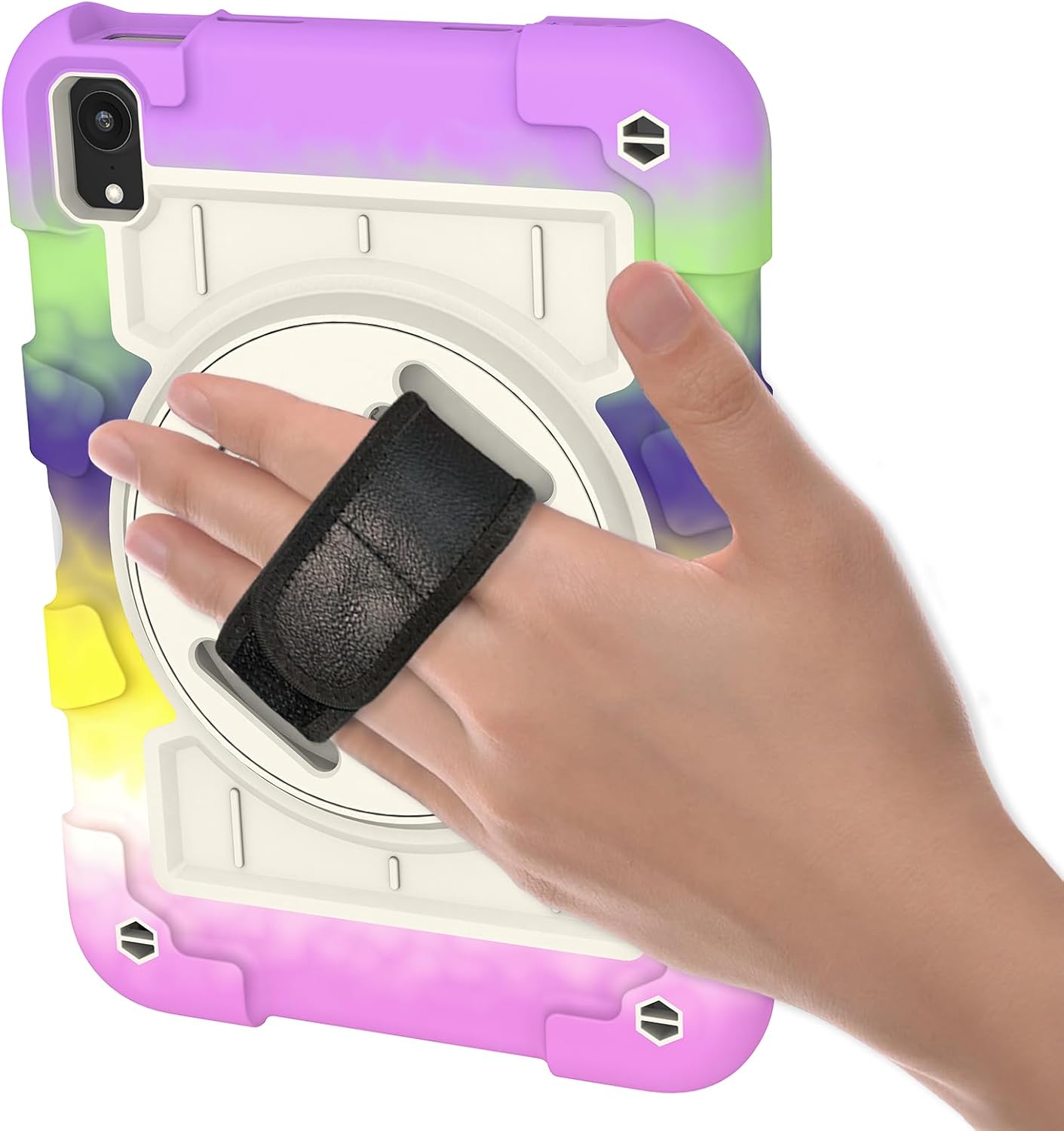 for iPad Mini 7 A17 Pro Case 2024 iPad Mini 6th Generation Case 2021 8.3 Inch Shockproof iPad Mini 7/6 with Protector Rotating Hand Strap + Stand (Colorful Purple)