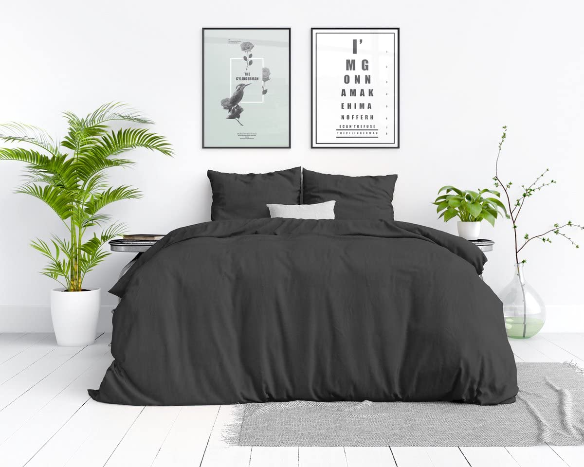 Sleeptime 100% Baumwolle Bettwäsche - Stone Washed - 4teilig 135 x 200cm - Anthrazit - Atmungsaktiv und hautfreundlich Bettbezüge mit Reißverschluss - Bettwäsche Set mit 2 Kissenbezüge 80cm x 80cm