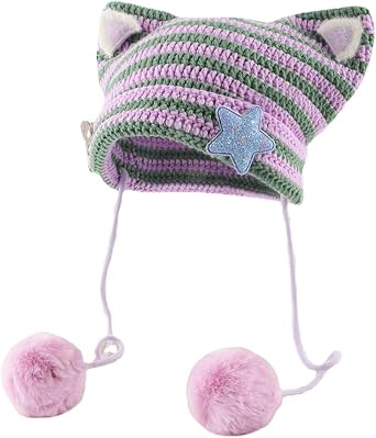 Acubi Cat Ear Beanie Y2K Emo Knitted Hat Gyaru Cutecore Stars Crochet Cap Cottagecore Pompoms Slouchy Accessories