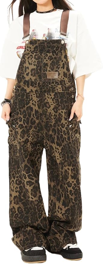 Womens Leopard Print Overalls Street Retro Leopard Print Work Pants Womens Loose Casual Overalls Jumpsuit