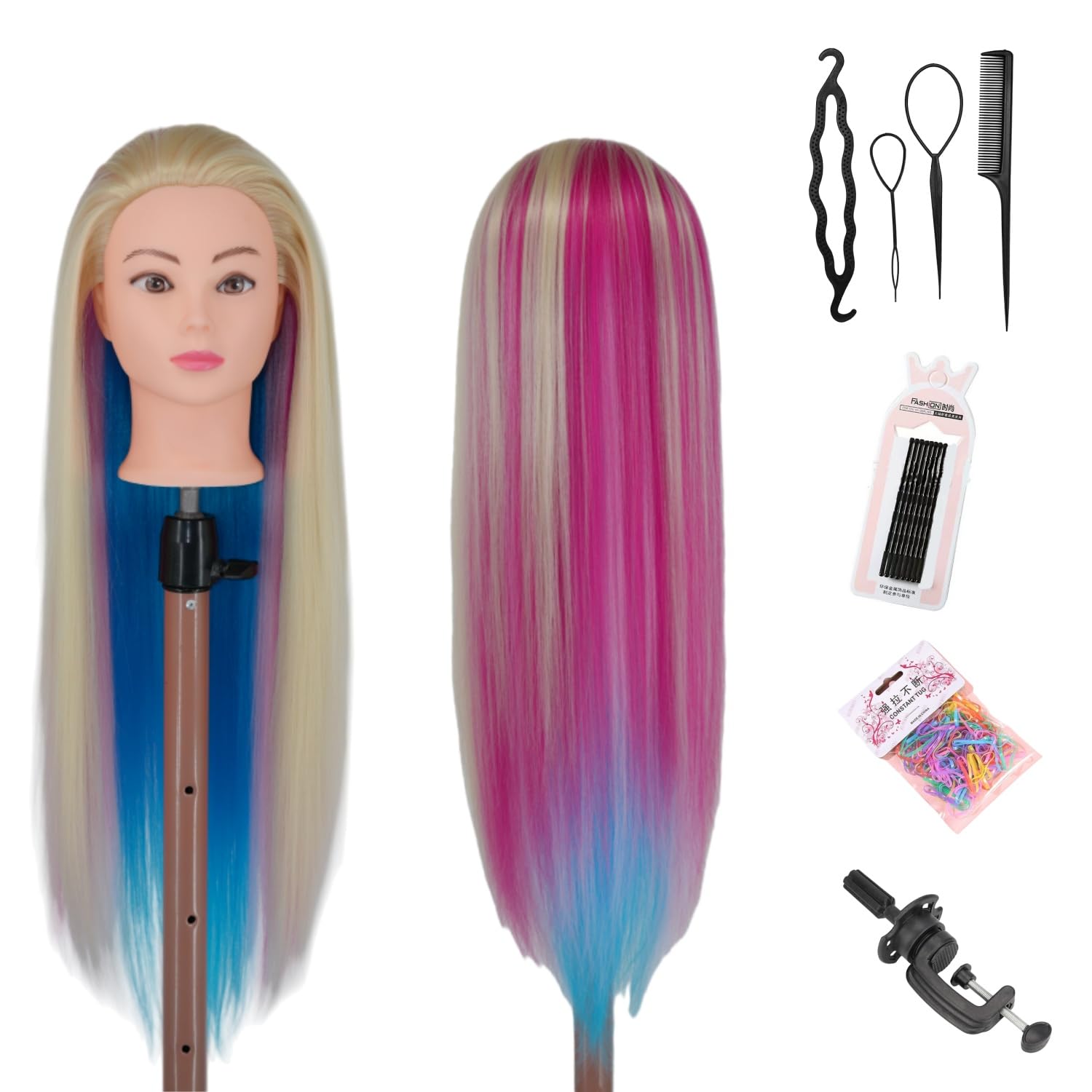 Mannequin Head with Hair, Doll Head for Hair Styling Training Head Manikin Practice Cosmetology Doll Head Styling Hairdressing Training Braiding Heads with Clamp Holder (colour)