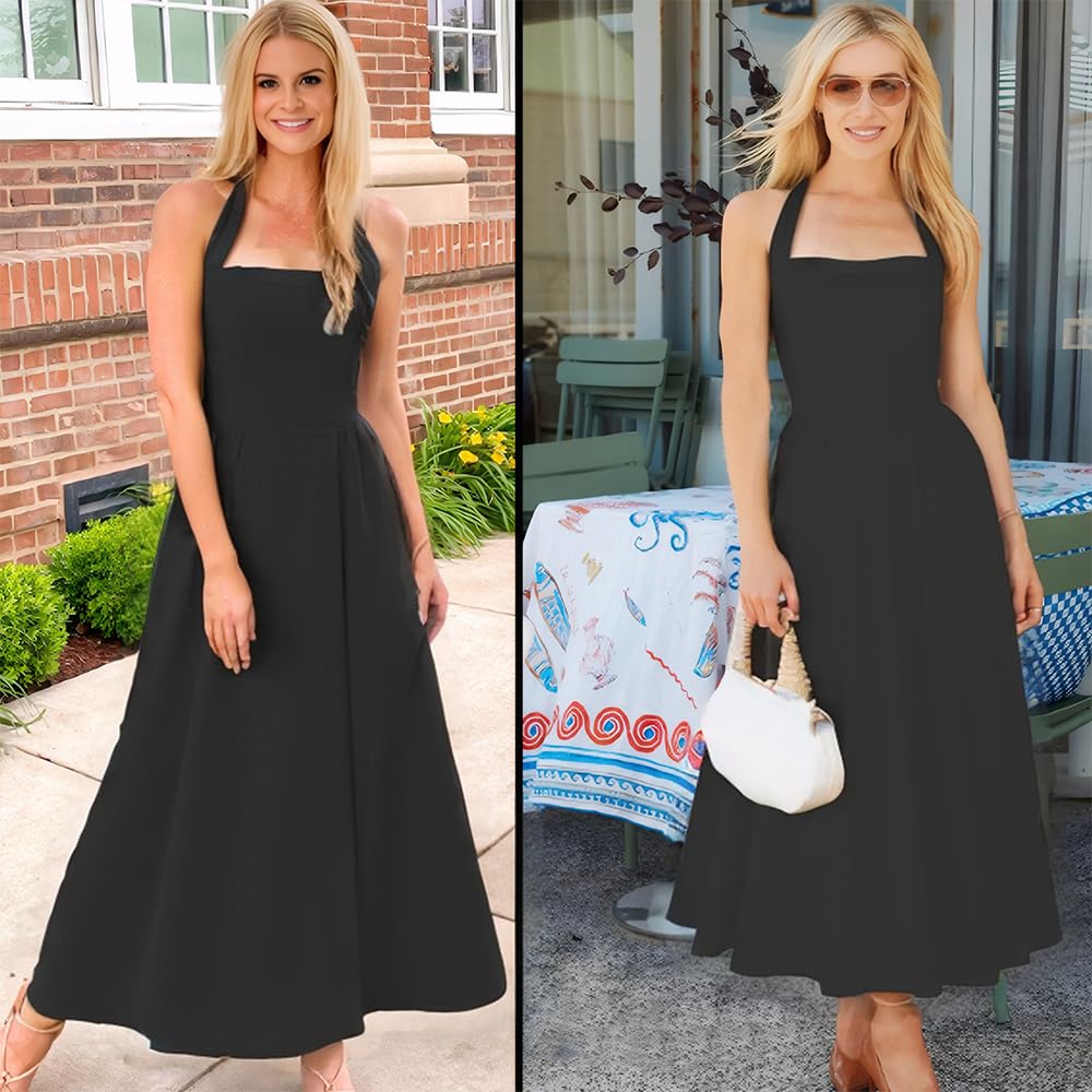 Vestido Mujer Elegante con Cuello Cuadrado Ajustado Volante Dobladillo Sexy Verano sin Manga Maxivestido para Cóctel Fiesta Noche