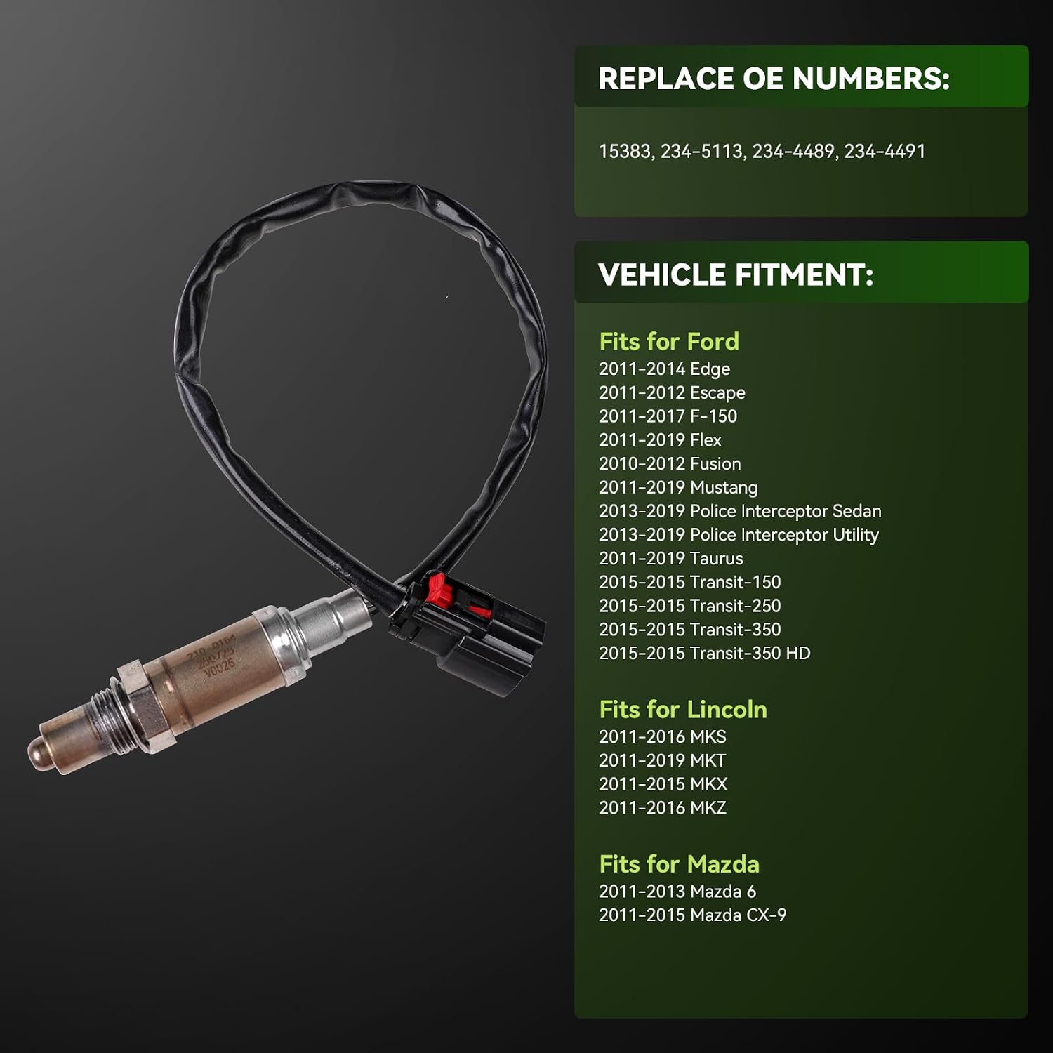Oxygen Sensor Downstream O2 Sensor 15383 Compatible with Ford Escape F-150 Edge Explorer Flex Fusion Taurus Mustang Transit Police, Lincoln MKS MKT MKX MKZ, Mazda, Mercury