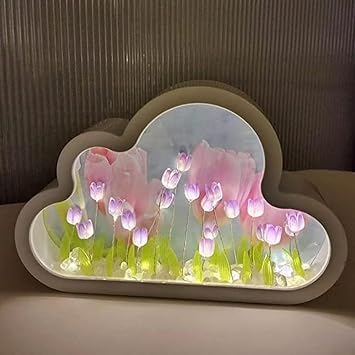 Cloud Tulip Lamp, DIY Cloud Tulip Mirror Night Light Simulation Flower Bedroom Sleeping Table Lamp, Creative Living Room Bedside Desktop Ornaments for Teen Girls Purple