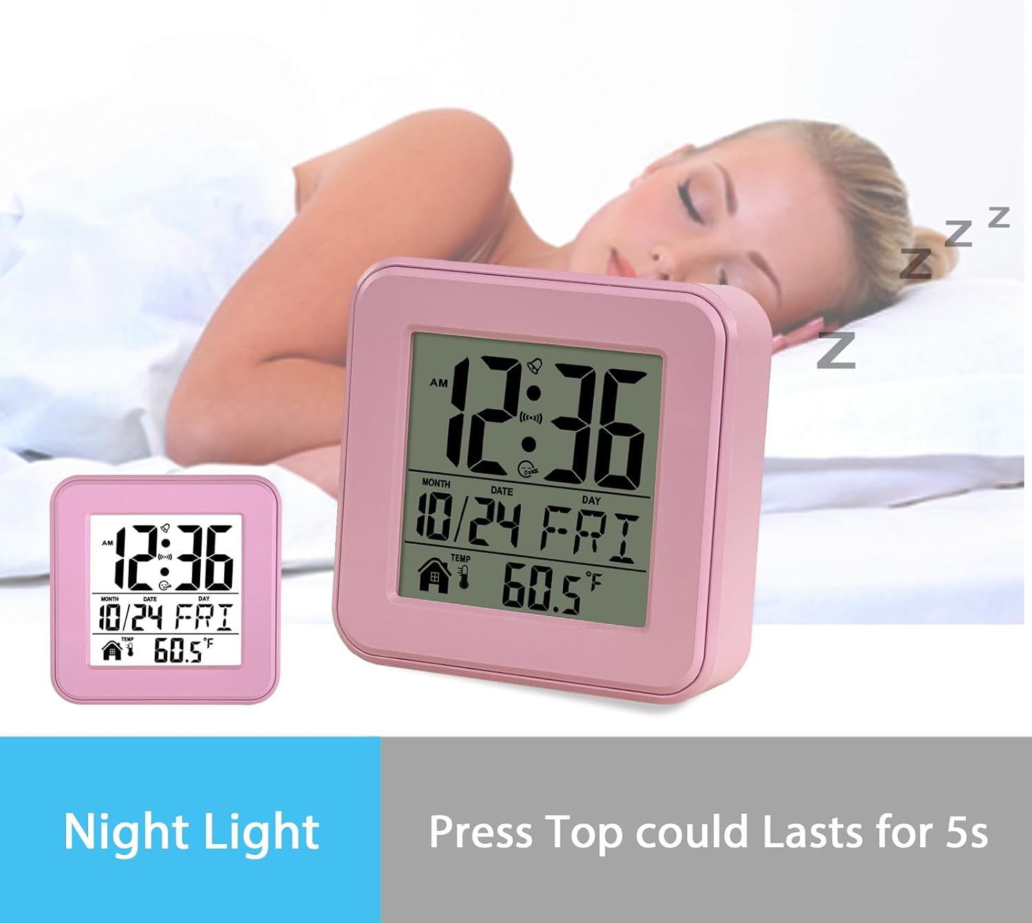 jomparis Small Digital Alarm Clock Battery Operated with Backlight Countdown for Bedroom Kids Room-Pink