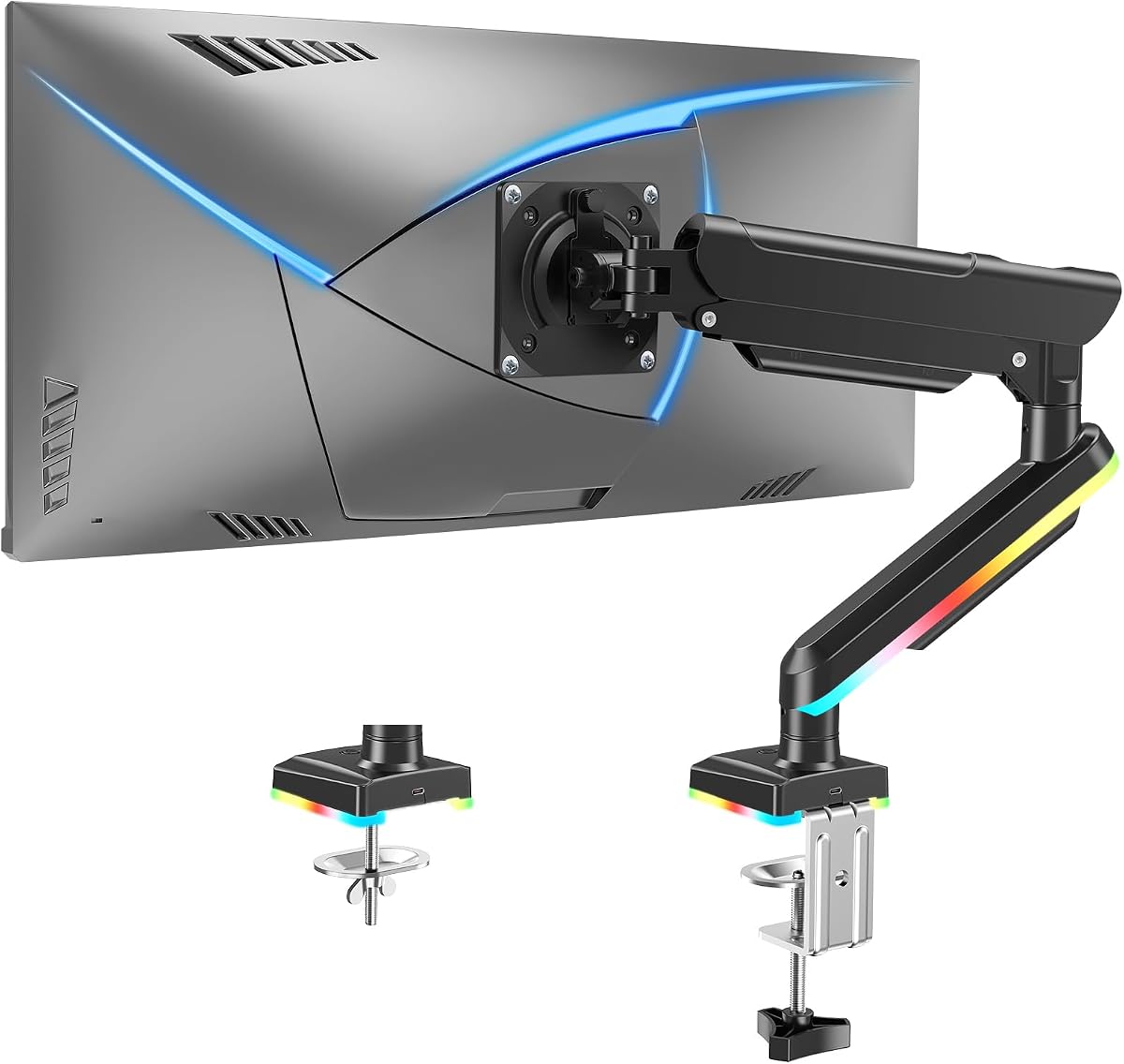 RGB Single Monitor Arm Fits 32 27 24 22 inch, Holds 4.4-22lbs Screens, Monitor Stand for Desk with RGB Lights, 19 Modes, Computer Monitors Desk Mount, VESA Mount with Clamp & Grommet Bases
