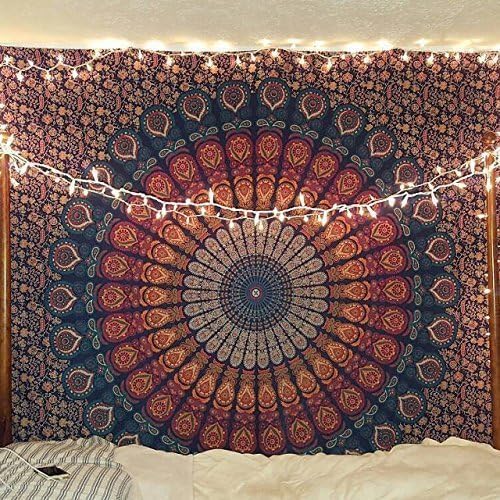 Bless International Handmade Indian hippie Bohemian Psychedelic Peacock Mandala Wall hanging College Dorm Beach Throws Table Cloth Bedding Tapestry (Golden Blue, Poster(30x40Inches)(76x101cms)) - 1