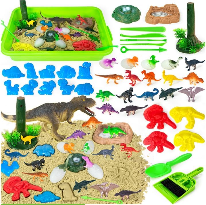 CEWROMKinetic Sand Set, Dinosaur Kinetic Sand, Magic Sand Box Set, Dinosaur Toy Sand Suitcase, Beach Toy with Dino Sand Shapes Set, for Children Boys from 3 4 5 6 7 8 Years