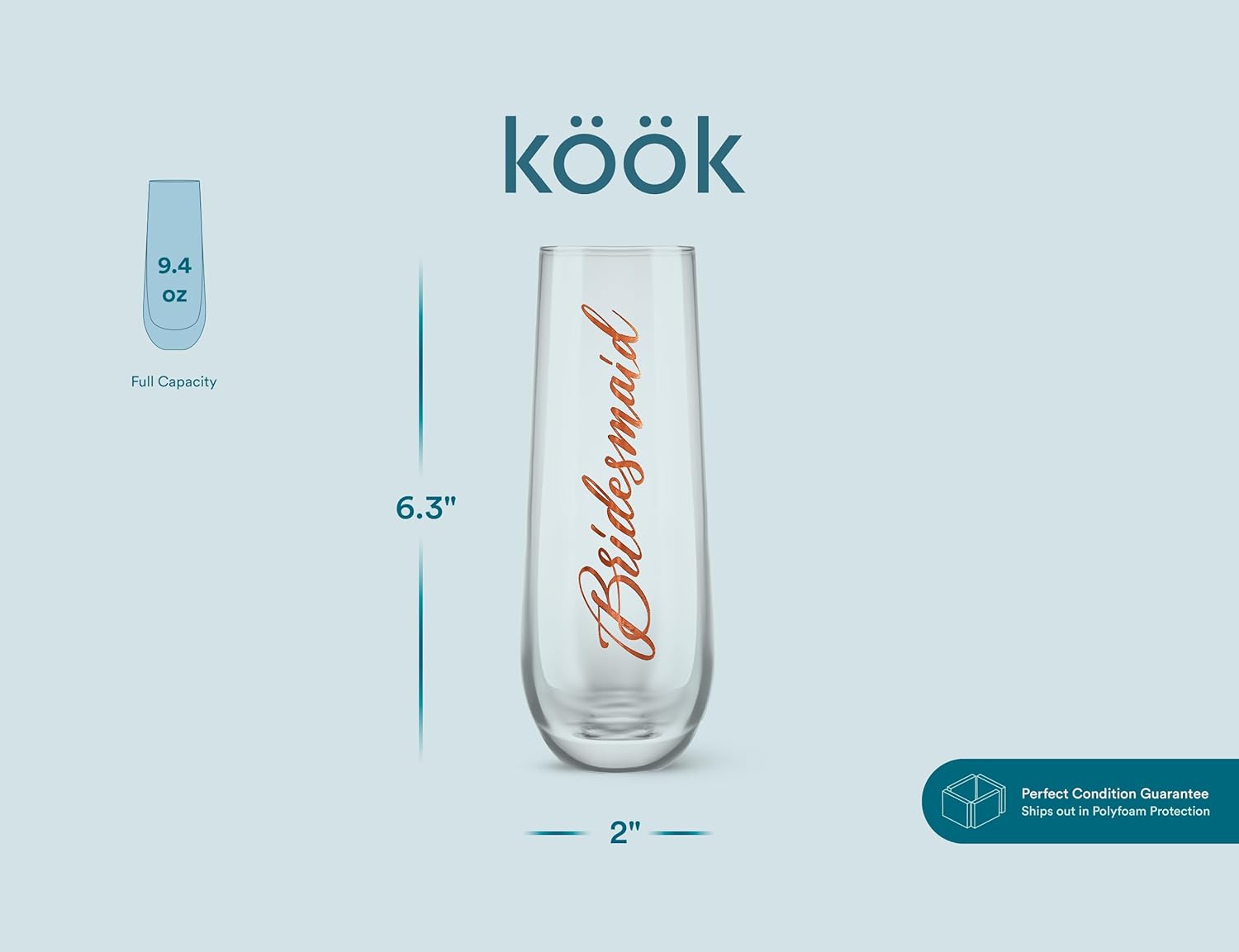 Bridesmaid Wine Glasses, Kook Bachelorette Party Champagne Glasses, 9.4 Oz (Bridal Set of 8), Stemless Glass Champagne Flutes, Cocktail Cups for Rose, Great for Weddings and Parties, Dishwasher Safe - Image 7