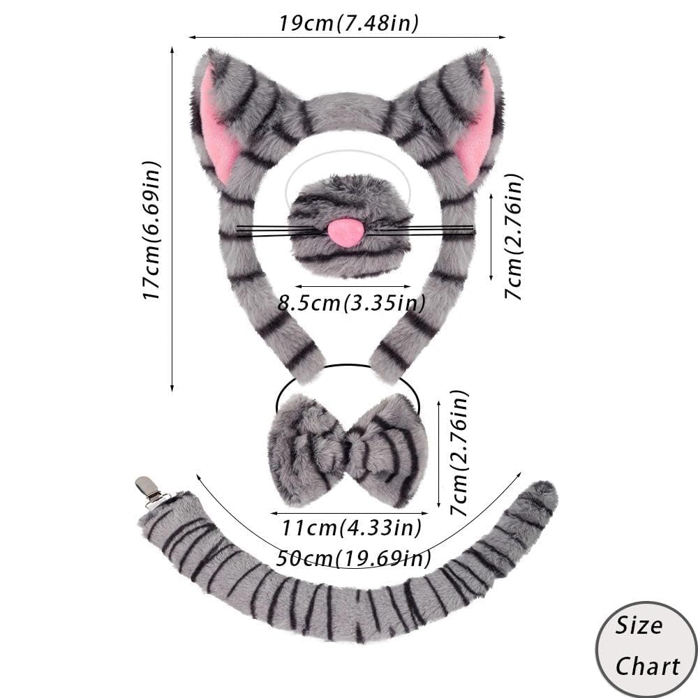 4 pezzi – Set accessori costume da gatto – Cerchietto in peluche grigio tigrato con orecchie, naso, coda e papillon – per bambini e adulti – Per Halloween, feste a tema, ecc.