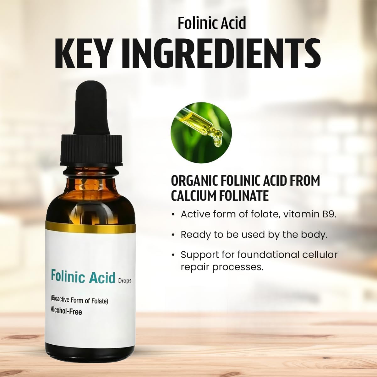 Gouttes liquides d'acide folinique, aident à maintenir les fonctions normales du corps, favorisent le vieillissement sain et la vitalité de la peau